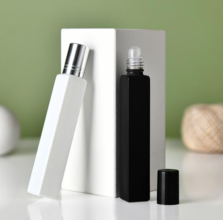 Empty Square Glass Roll On Bottles 10ml Essential Oil Perfume Bottle with Matte Black/White Color Stainless Steel Roller Ball SN6322