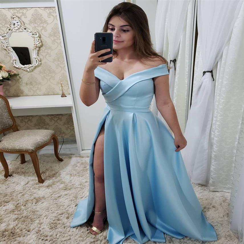 Simple Elegant Light Sky Blue Cheap Long Prom Dresses Off Shoulders Ruched High Split Evening Party Gowns2408