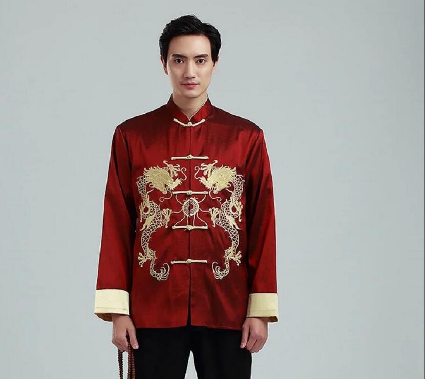 Hot Sale Chinese Traditional Men's Satin Embroidered Golden Dragon Jacket Long Sleeve Tang Suit Kung Fu Coat Casual Top Jackets