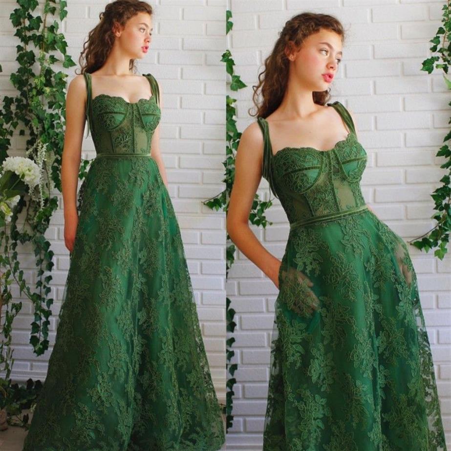 Charmante robe de bal en dentelle vert foncé, avec poches, bretelles Spaghetti, cou, ligne A, longueur au sol, robe de soirée, 245P