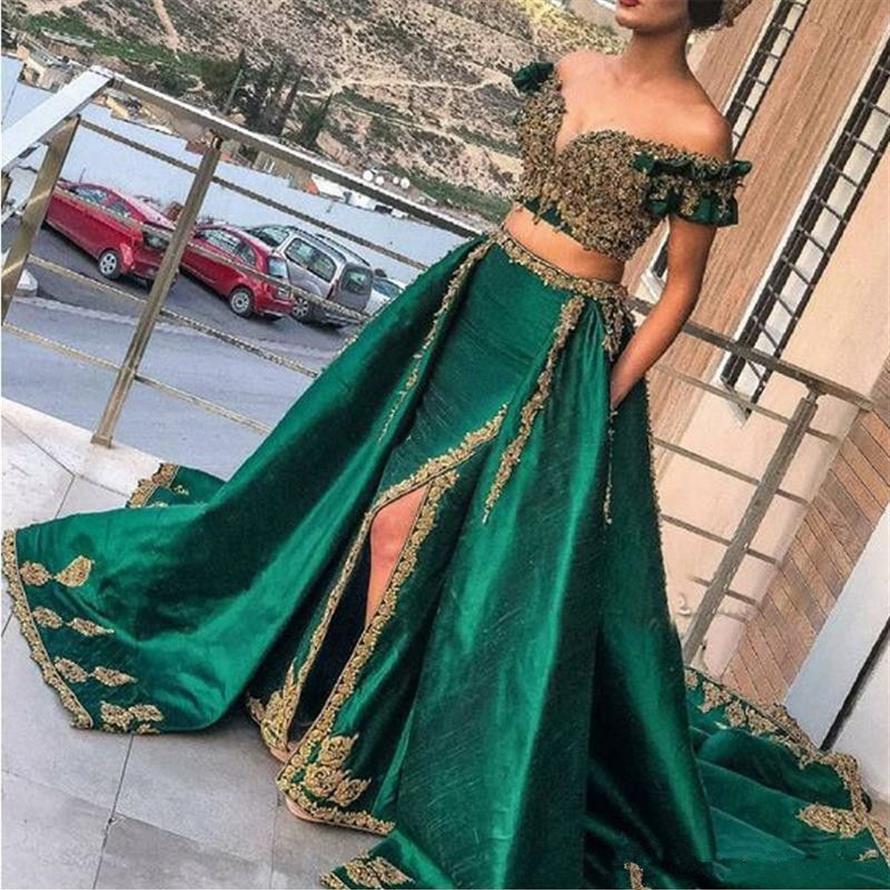 Indian hunter Green Evening Dresses with Gold Lace Applique Prom Gowns Sexy Saudi Arabic Beaded Kaftan abaya Wear251R