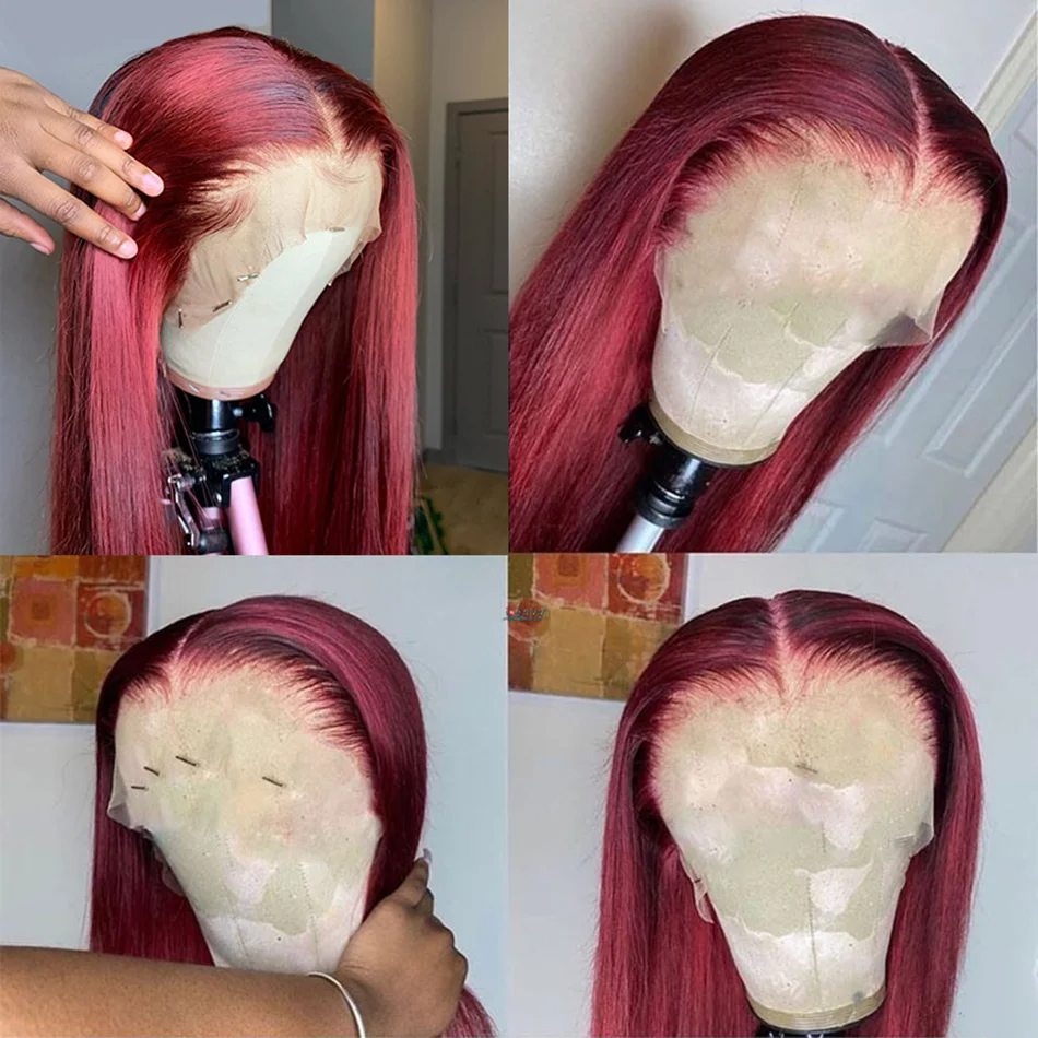 Peruaanse Steil Haar Kant Voor Pruik Menselijk Haar Pruiken 99J Bordeaux Voorgeplukt 13X4 Gekleurde Kant Voor menselijk Haar Pruiken Voor Vrouwen