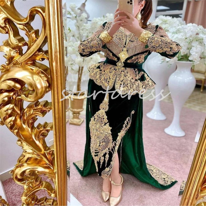 Abayas Kaftan Morrocan Green Evening Dress With Overskirt Train Long Sleeve Gold Appliques Velvet Arabic Prom Dress Tassle Muslimah Whimsical vestidos de novia