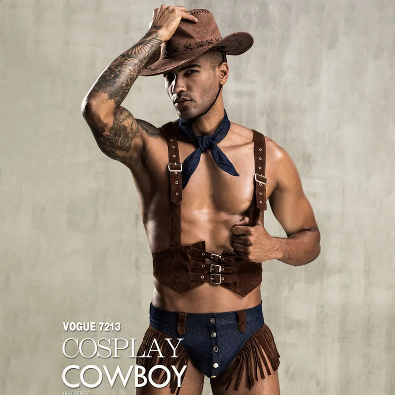Costume de cosplay de cowboy américain pour hommes, réglable en faux cuir, policier, boîte de nuit, cravate, haut avec culotte, tenue, ensemble de lingerie sexy 240117