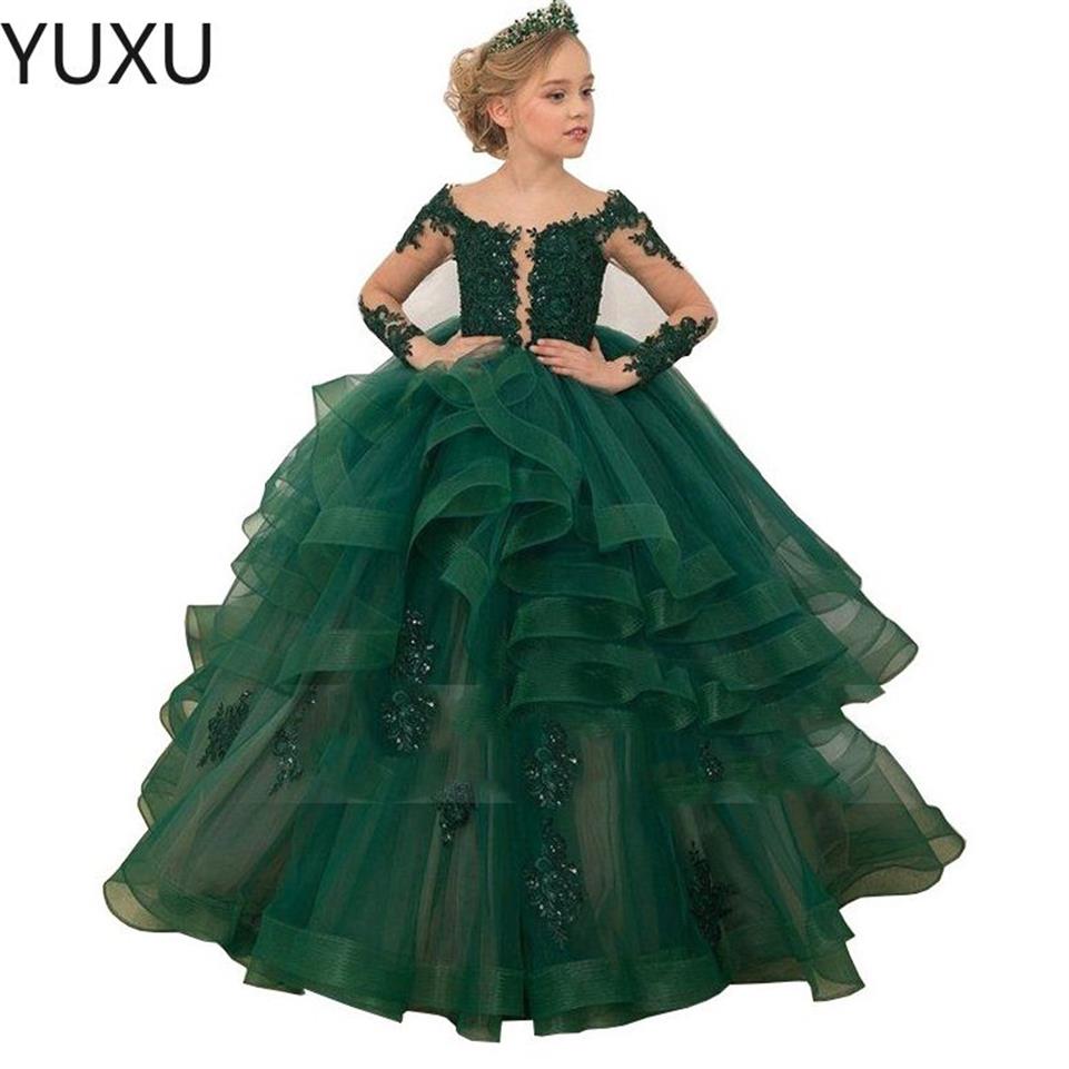 2122 Vestidos de niña de flores verdes para la boda Spaghetti Lace Apliques florales Faldas con gradas Vestido de desfile para niñas Fiesta de cumpleaños para niños G276H