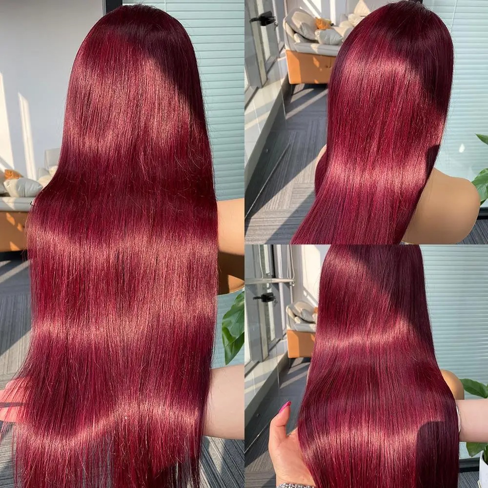 99J Rode Kant Voor Menselijk Haar Pruiken Gekleurde Rechte Bordeaux 13X6 Transparant Kant Frontale Sluiting Pruik Lijmloze Pruiken voor Vrouwen