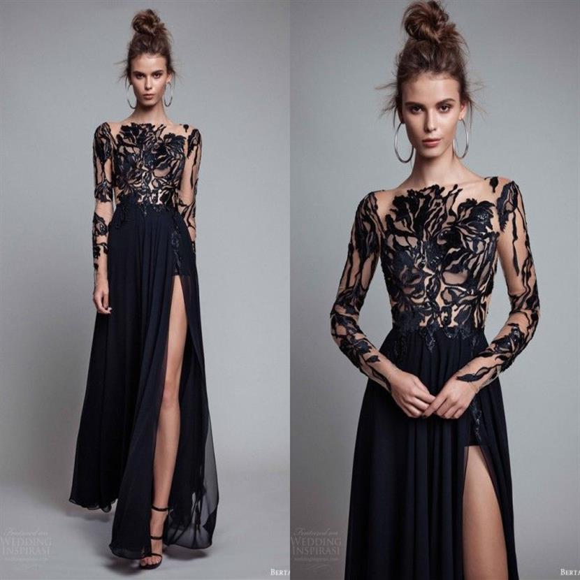 Elegant svart spetsapplikation aftonklänningar med illusion långärmad 2017 chiffong golvlängd sida split prom klänningar formella par292i