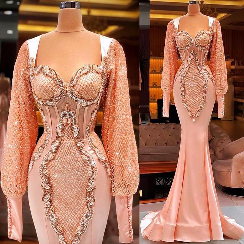 Plus la taille arabe Aso Ebi luxueux sirène sexy robes de bal pêche rose dentelle perlée manches longues soirée formelle fête deuxième Recep176z