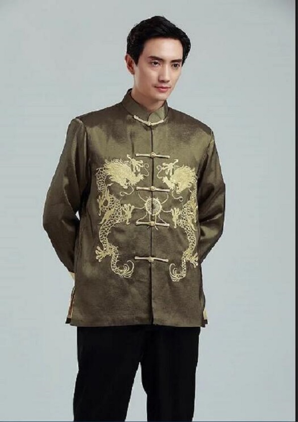 Hot Sale Chinese Traditional Men's Satin Embroidered Golden Dragon Jacket Long Sleeve Tang Suit Kung Fu Coat Casual Top Jackets