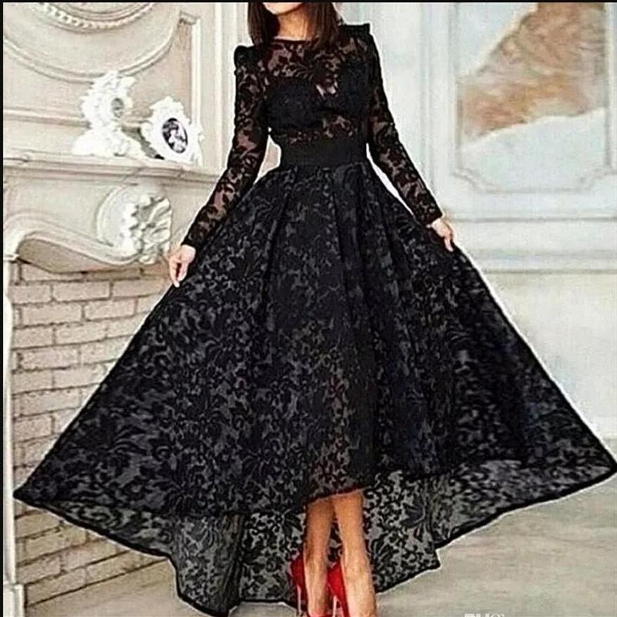 Vestido czarny długi linia elegancka elegancka sukienka na studniówkę ekipę Załoga szyi Lace Lace Hi Lo lo suknia specjalna sukienki wieczór 283x