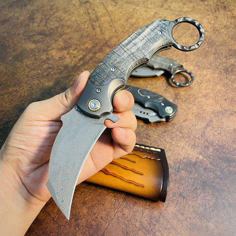 HC7147 couteau pliant Karambit extérieur VG10 lame en acier damas pleine Tang G10 poignée griffes couteaux de dossier avec gaine en cuir