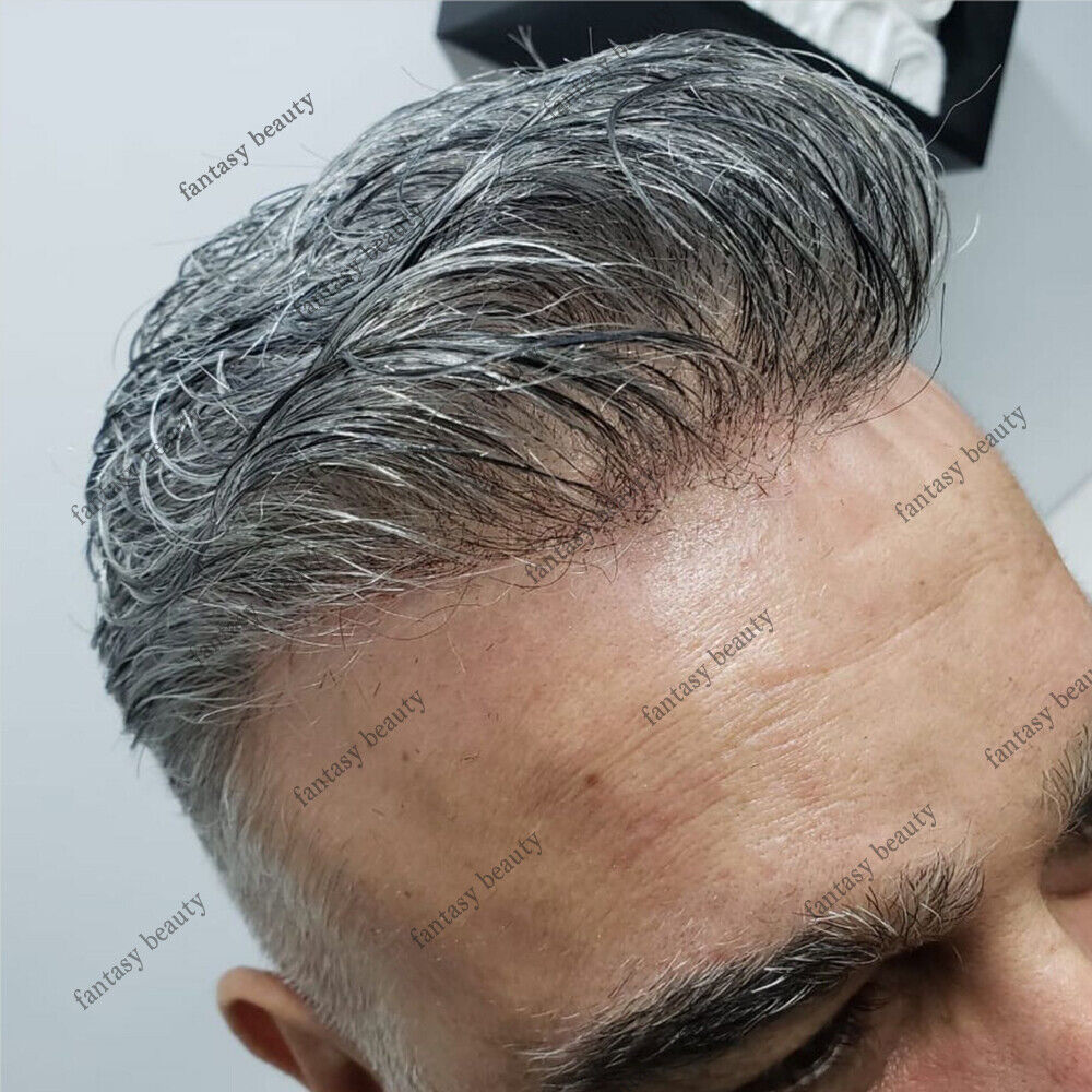Super cienka skóra 0,02 mm krzemu mężczyźni toupee naturalne linia włosów szarość 100% ludzkich włosów