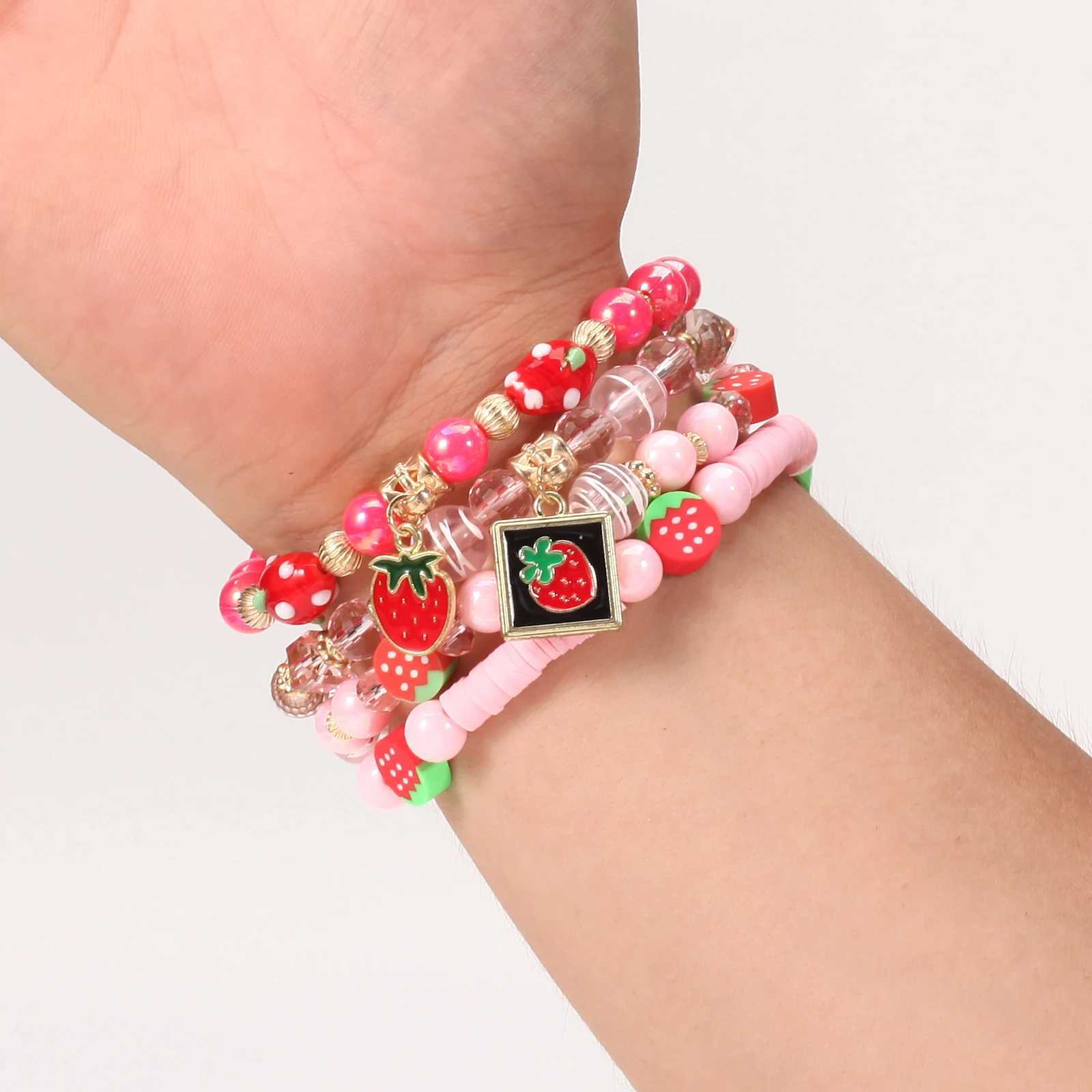 Charm Bracelets Strawberry Pendant Pink Beads Multilayer Stretch Bracelet Cute Fruit Design Hand Decoration Gift For Women