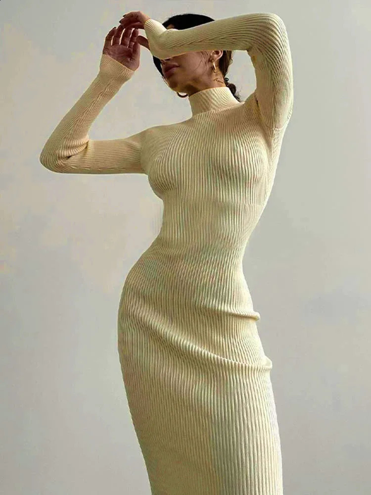 Otoño Invierno mujeres cuello alto vestidos de punto elegante vestido ceñido liso manga larga suéter vestido primavera Oficina señora Sexy 240117
