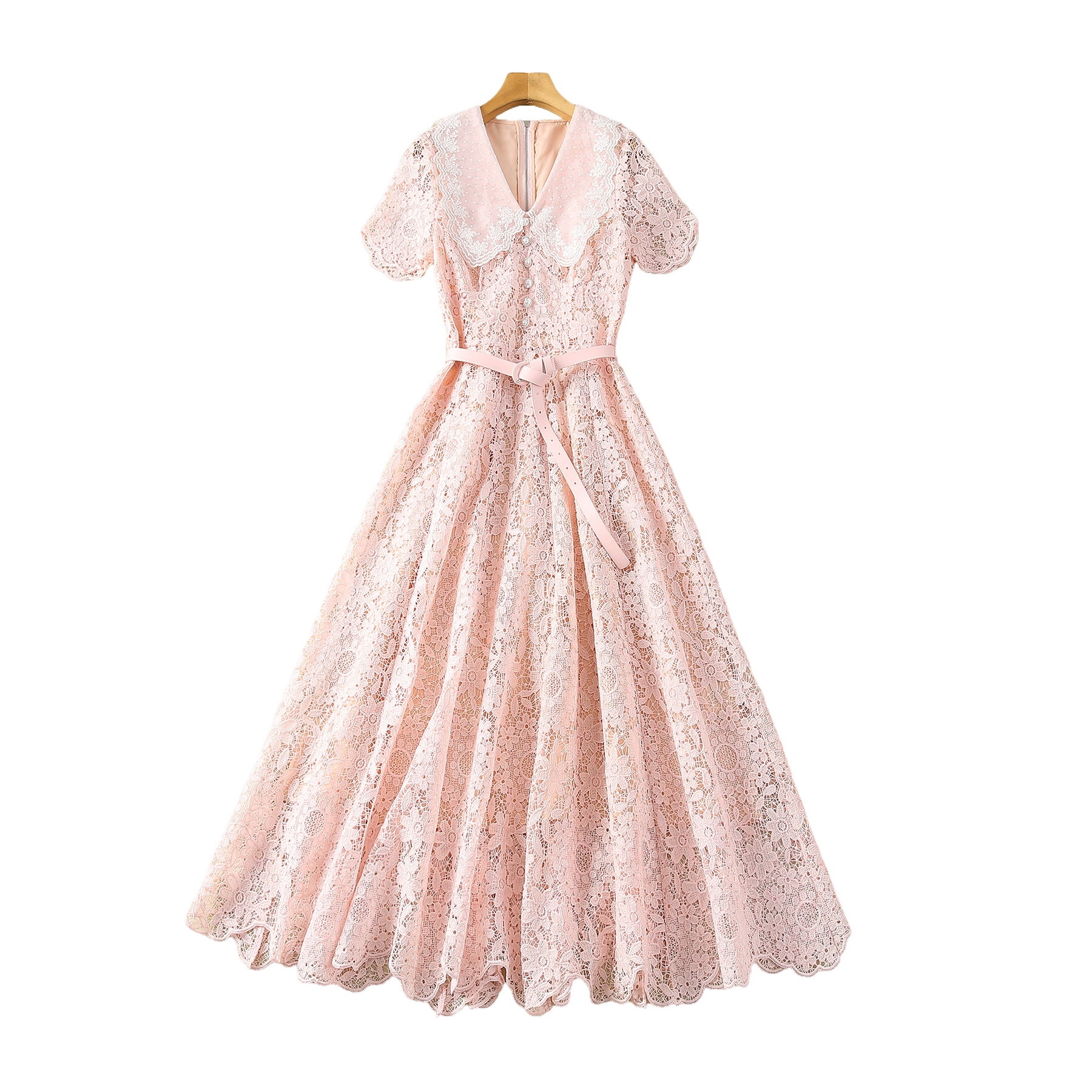 2024 Весеннее розовое кружевное платье с цветочной вышивкой и коротким рукавом, Питер Пэн, Повседневные платья миди с поясом, S4J090104, большие размеры XXL
