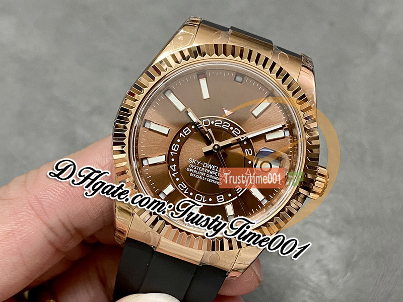 N V3 42mm Sky 336235 A9002 Complication Calendar Automatic Mens Watch 18K Rose Gold Fluted Bezel White Dial Stick Markers Rubber Super Edition trustytime001 Watches