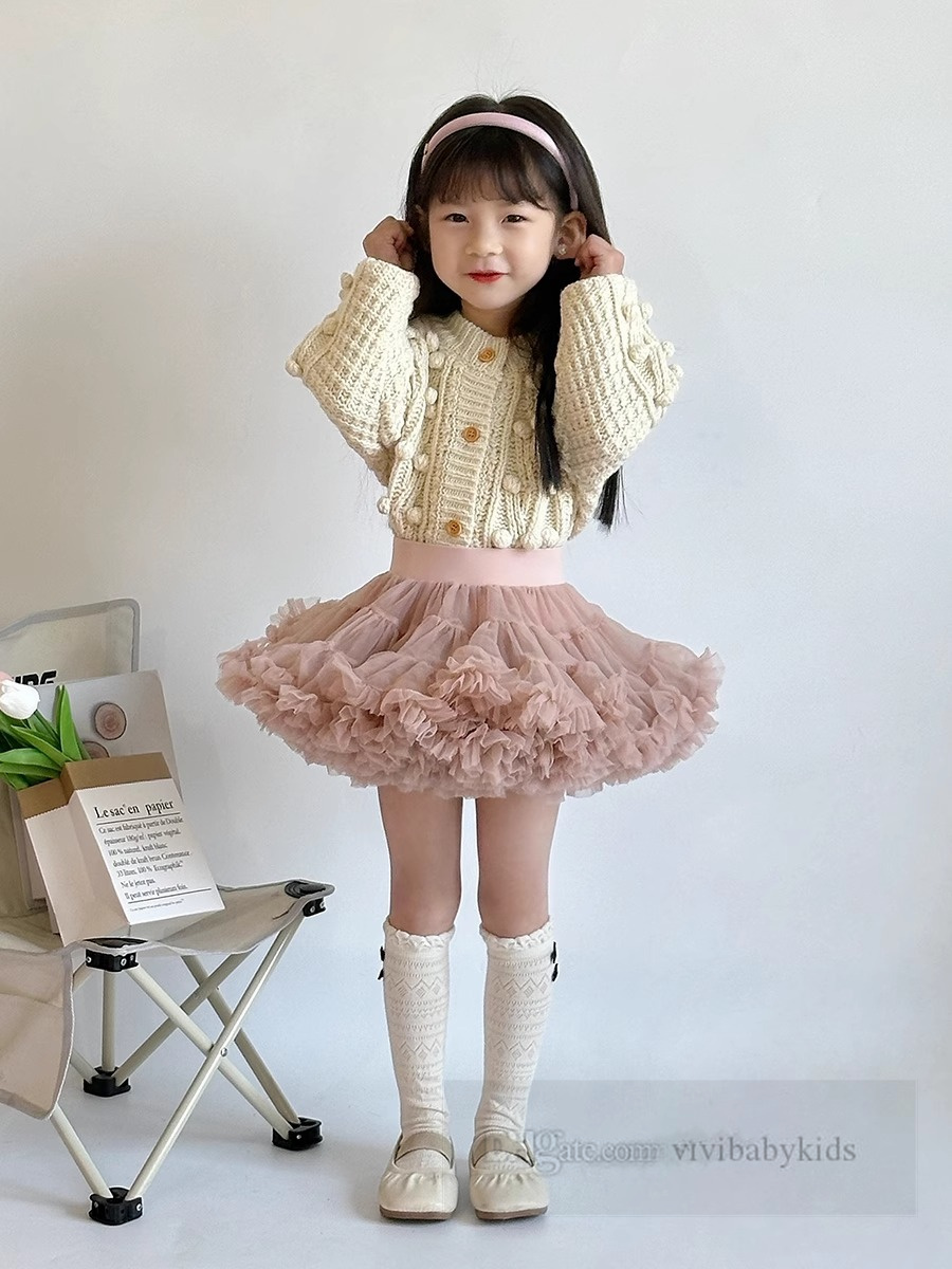 Girls pompons applique knitted cardigan kids long sleeve sweater outwear 2024 spring children elastic waist lace tulle tutu skirt Z6774