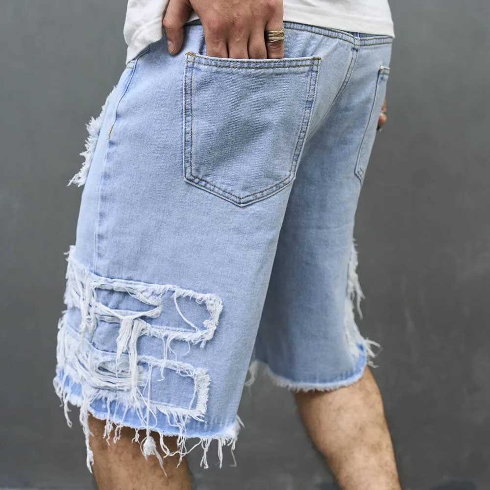 Mäns jeans sommarmens hög tårplåster denim shorts fashionabla solida casual mens rak jeansl2404