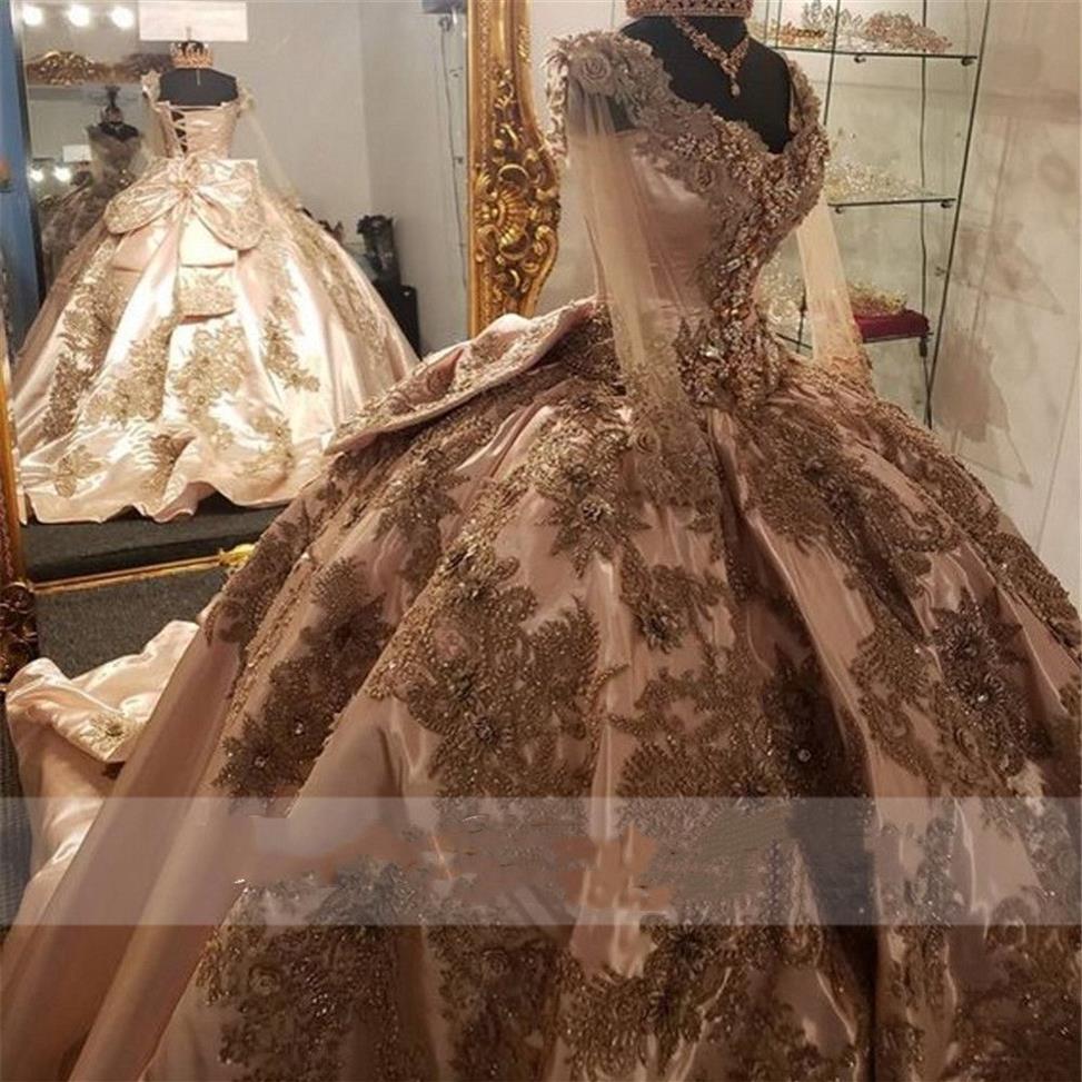 ピンクビーズ2021 Quinceanera Dresses Gold Lace Aphted Flower Sweet 16 Dress Long Sleeve v Neck Pageant Gowns Vestidos de 15 A O250Z