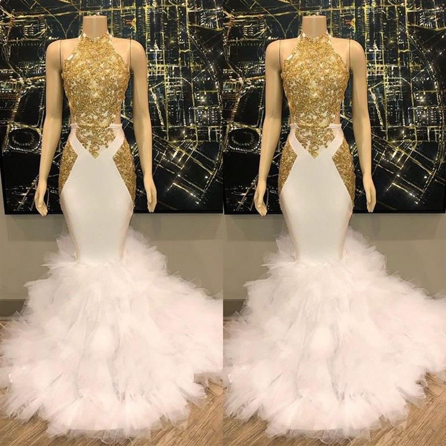 Gorgeous Halter Neck Gold and White Prom Dress 2019 sjöjungfrun Långa kvällsklänningar Botten med Tulle Ruffles Party Dresses243e