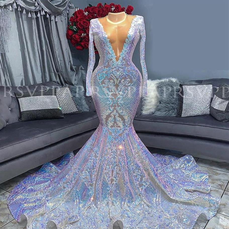 Silver Sexig V-ringad paljetter Lace Mermaid Prom Dresses Sparking Long Sleeves African Formal Evening Gowns Graduation Party Dresses330L