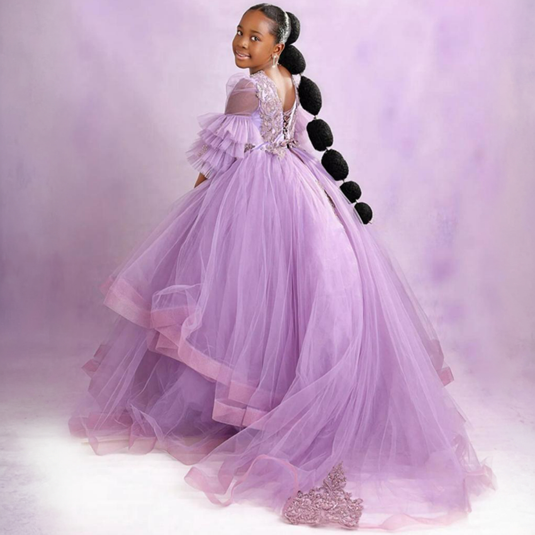 Lavender Flower Girl Dresses Long Sleeves Tiered Tulle Rehinestones Ball Gown Princess Flowergirl Gowns Little Kids Birthday Party Daughter and Mother Dress CF013