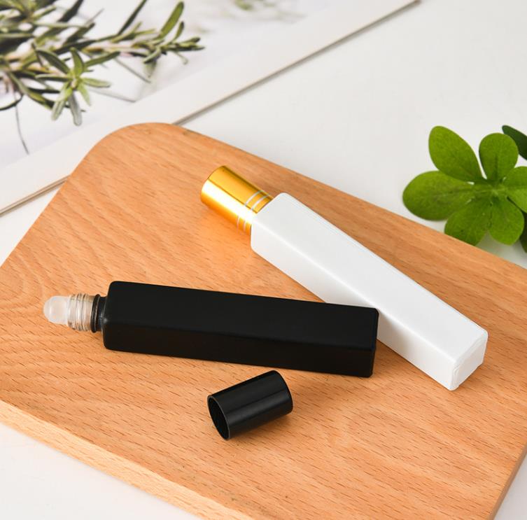 Empty Square Glass Roll On Bottles 10ml Essential Oil Perfume Bottle with Matte Black/White Color Stainless Steel Roller Ball SN6322