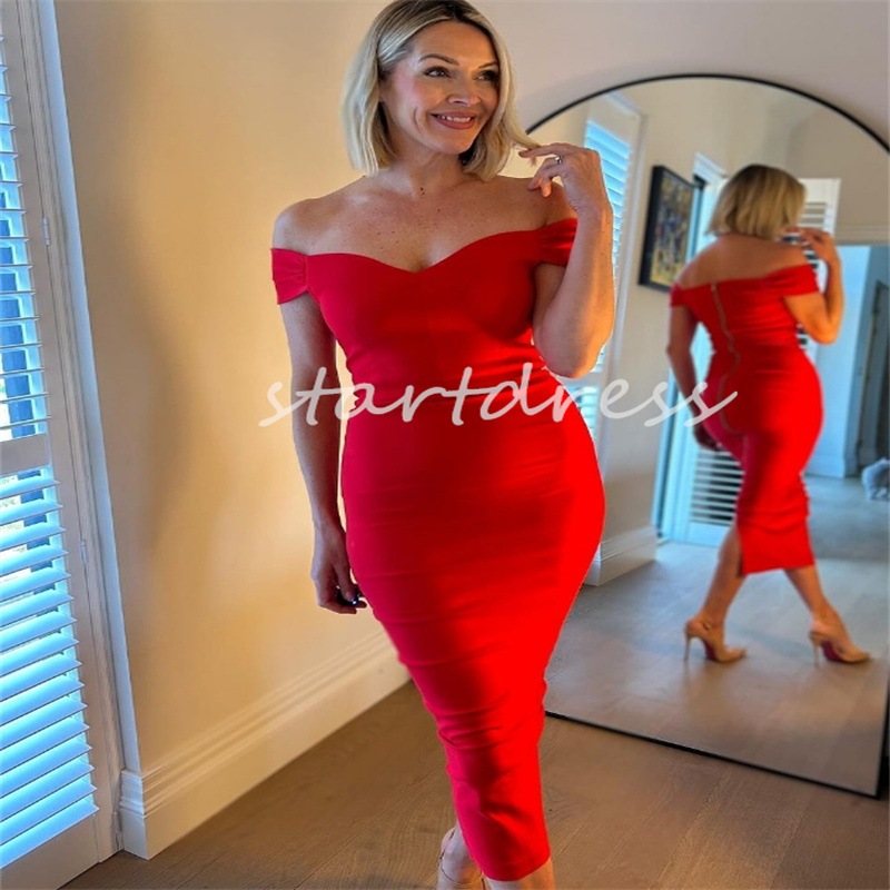 Simple Red Short Prom Dress Off Shoulders Chic Holiday Sheath Evening Dress 2024 Tight Club Dinner Cocktail Dress Formal Party Vestidos Para Eventos Especiales