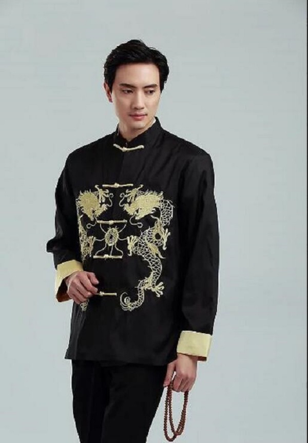 Hot Sale Chinese Traditional Men's Satin Embroidered Golden Dragon Jacket Long Sleeve Tang Suit Kung Fu Coat Casual Top Jackets