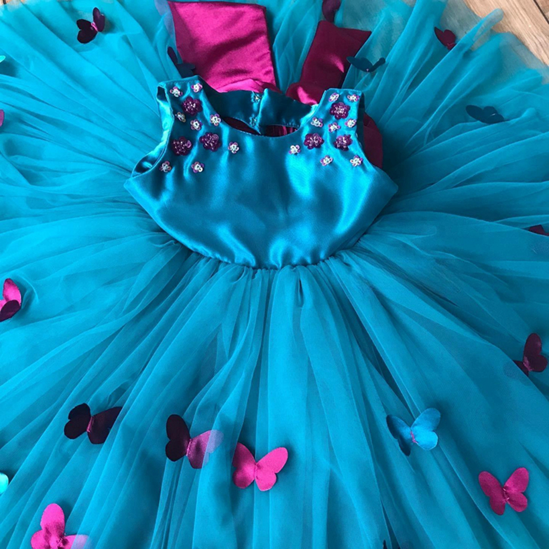 Blue Satin Flower Girl Dresses Jewel Ball Gown Princess Gowns Bow at Back Tiered Tulle Beaded Sequins Hand Made Butterfly Gowns Daughter and Mother Dress CF002