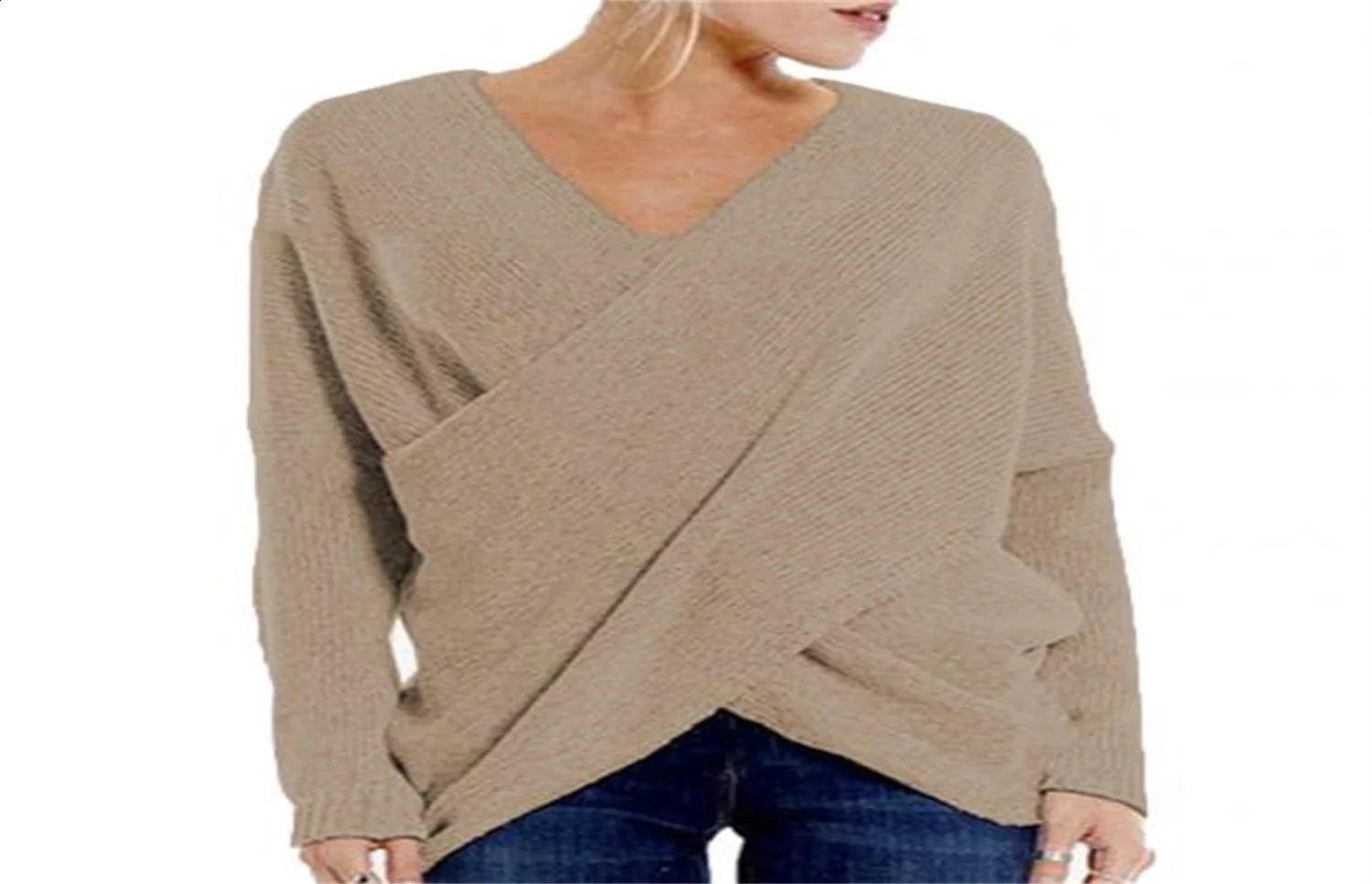 Otoño Invierno manga de murciélago suéter de punto para mujer sólido de talla grande jersey cruzado elegante cuello en V suelto de gran tamaño Jumper Tops 240117