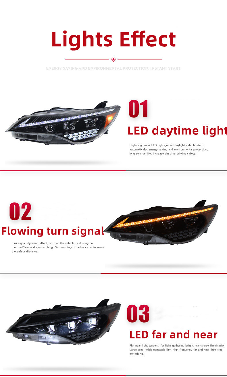 Scheinwerferbaugruppe für Toyota Camry 20 15–20 17, US-Version, LED-Sequential-Blinker, LED-Tagfahrlicht, LED-Tageslicht