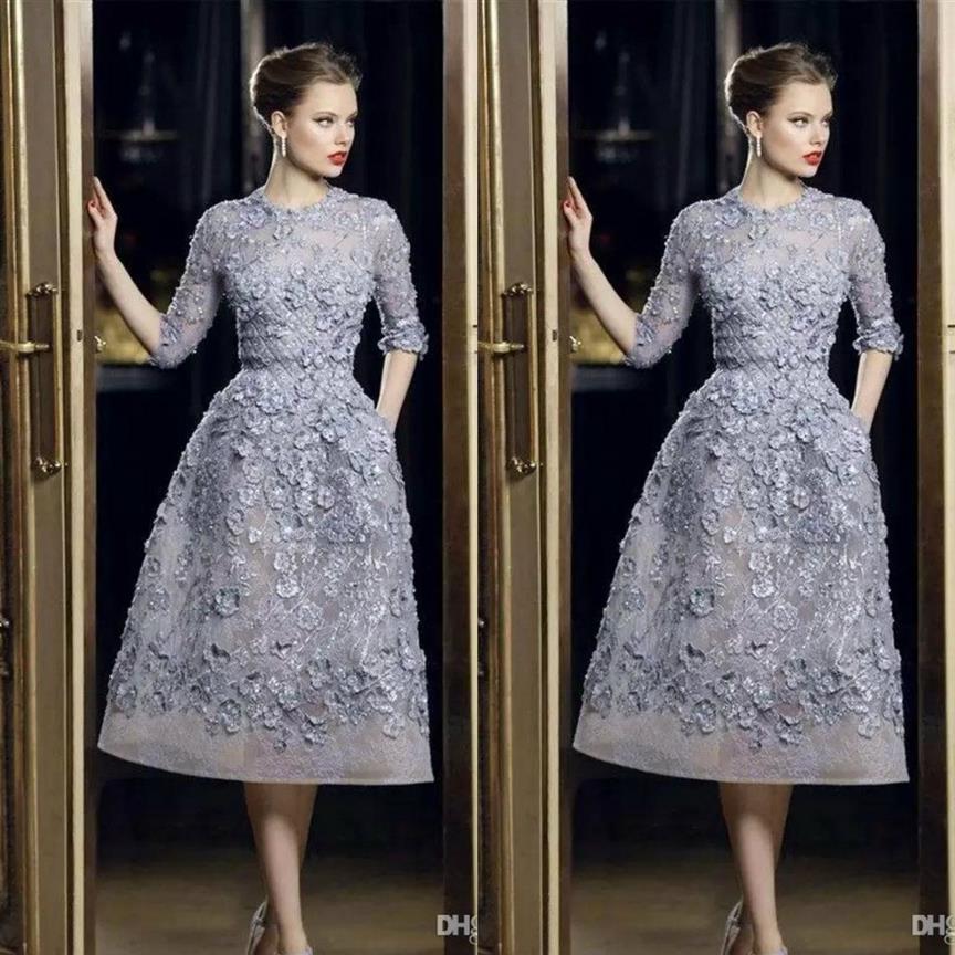 Modne sukienki wieczorowe Elegancka koronkowa aplikacja A-line suknie balowe 3 4 długotrwałe herbatę długość Seksowna impreza gwiazda sukienka Custo197c