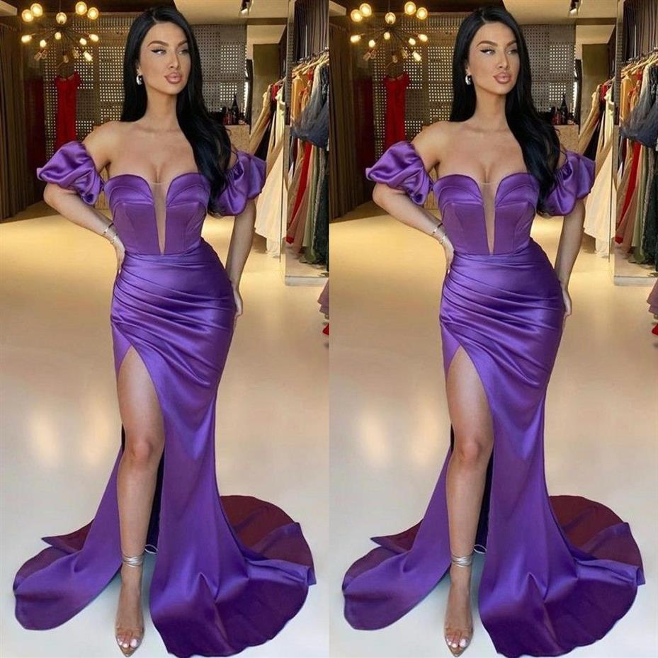 Arabe Duabi Sexy Violet Plus Taille Sirène Robes De Bal Longueur De Plancher Hors Épaule Plis Drapé Haut Côté Split Soirée Formelle Gow257a