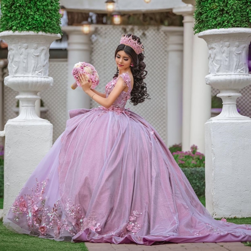 Lavanta ışıltılı prenses kapalı omuz quinceanera elbiseler dantel aplike çiçek boncuklar tatlı 16 balo elbisesi vestidos de 15 anos