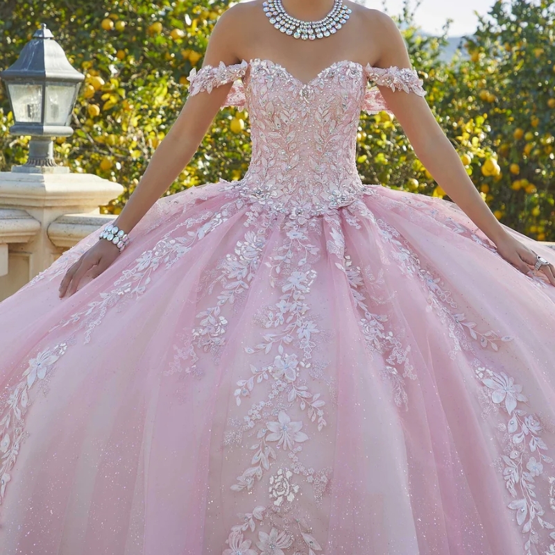 Glitter Pink Quinceanera Dresuj z aplikacji na ramię koronkowe koraliki cekin dla 16 dziewcząt piłka formalna sukienki vestidos de 15