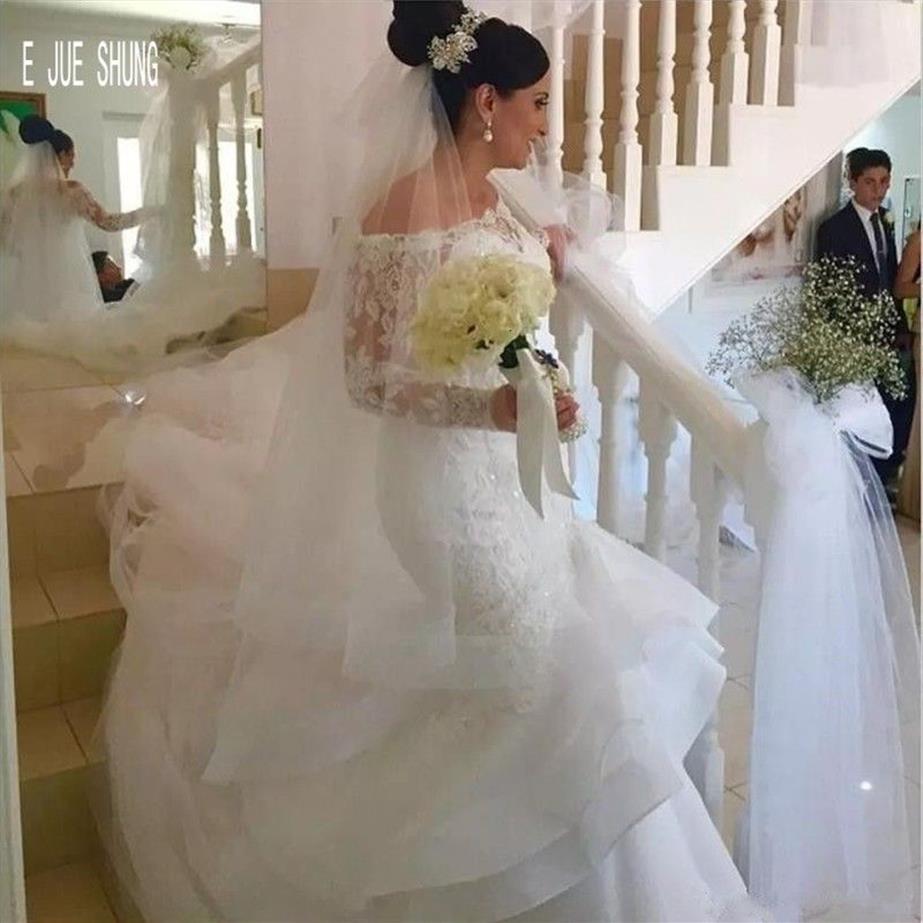 E JUE SHUNG White Organza Lace Appliques Mermaid Dresses Off the Shoulder Long Sleeves Wedding Gowns robe de soiree201g