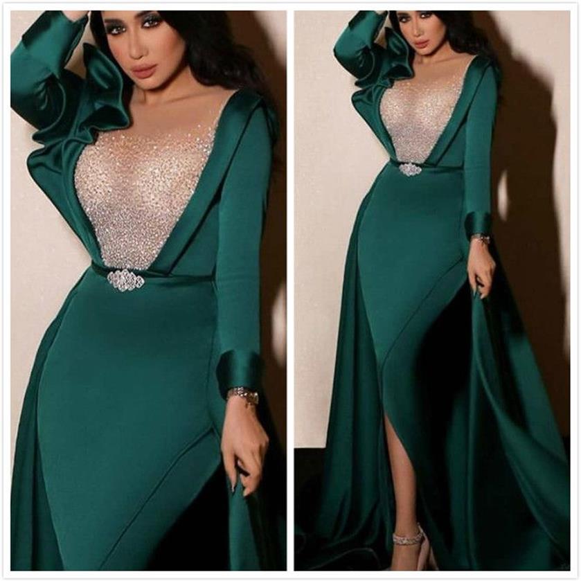 2020 Арабский Aso Ebi Зеленые вечерние платья с блестками и бисером Русалка Атласные платья для выпускного вечера с прозрачным вырезом Вечерние платья для второго приема2435
