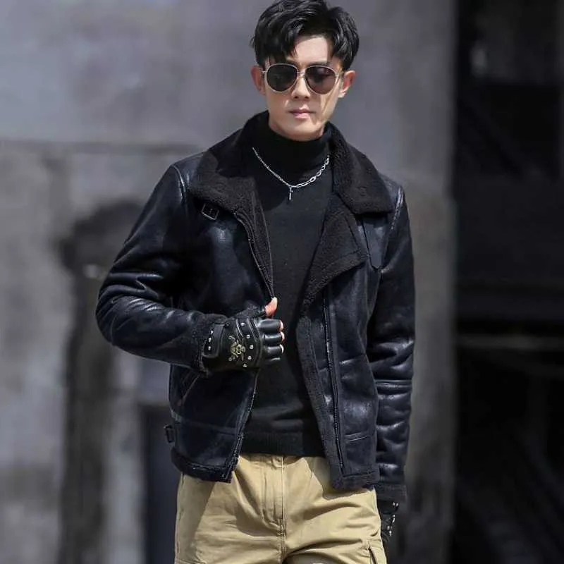 Men`s Winter Down Jacket Warm Hoodle Sheepskin Aviation Genuine Leather Bomber Jacket Men Real Flights Black Aviator Pilot Coat P0813