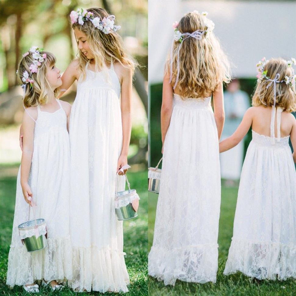 Vestidos de niña de flores con cuello halter de encaje blanco para el banquete de boda en la playa 2016 Vestidos sin espalda hasta el suelo para niñas Vestidos para niños Ropa formal Chea298x