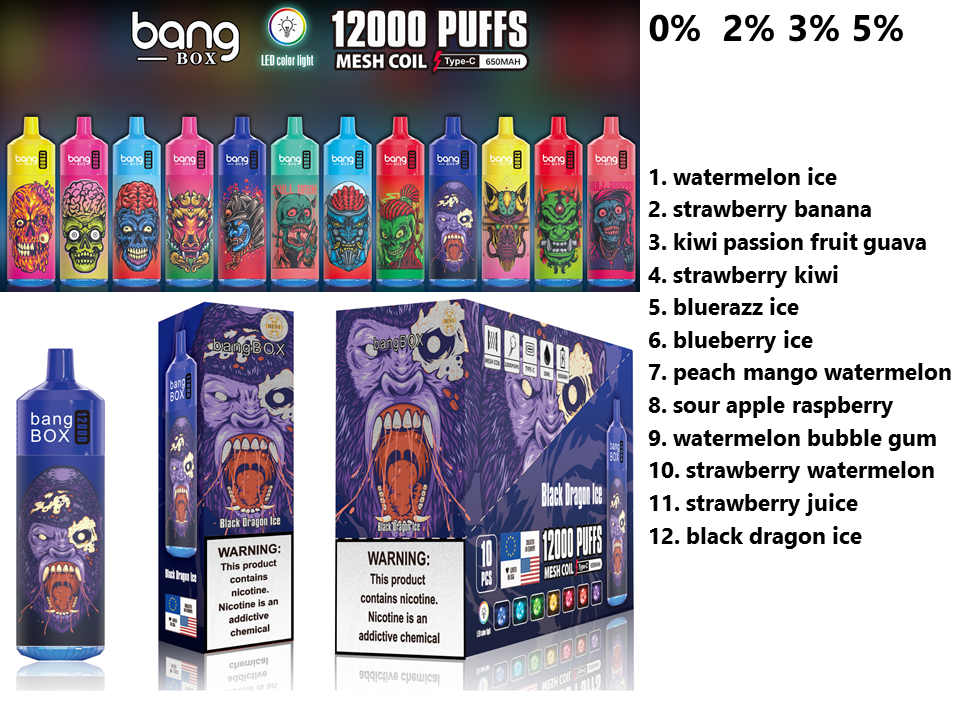 Оригинальный Bang 12000 Box Bang 12000 Одноразовый Vape Аккумуляторная батарея Сетчатая катушка Нижний свет 0% 2% 3% 5% 12 цветов потрясающий вапотер Dampfen