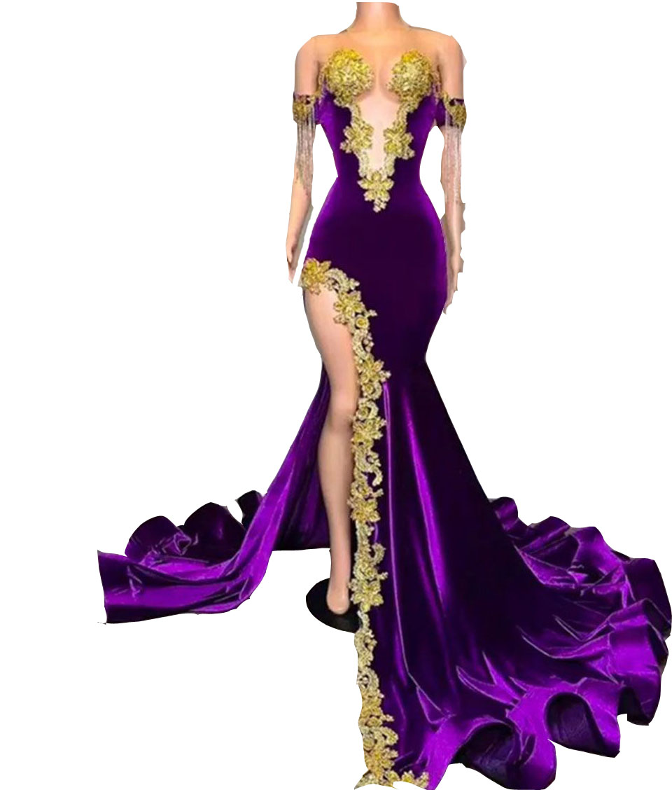 2024 Sexiga balklänningar illusion Velvet Jewel Neck Illusion Purple Gold Lace Appliques Crystal Beading Side Split sjöjungfru
