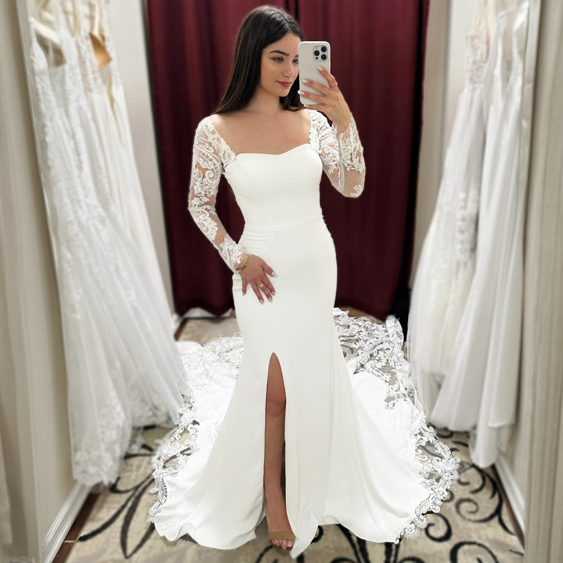 Robe de mariée sirène en mousseline de soie pour mariée, manches longues, tulle perlé, fente haute avec traîne en dentelle, robes de mariage avec ceinture, robe de styliste NW059