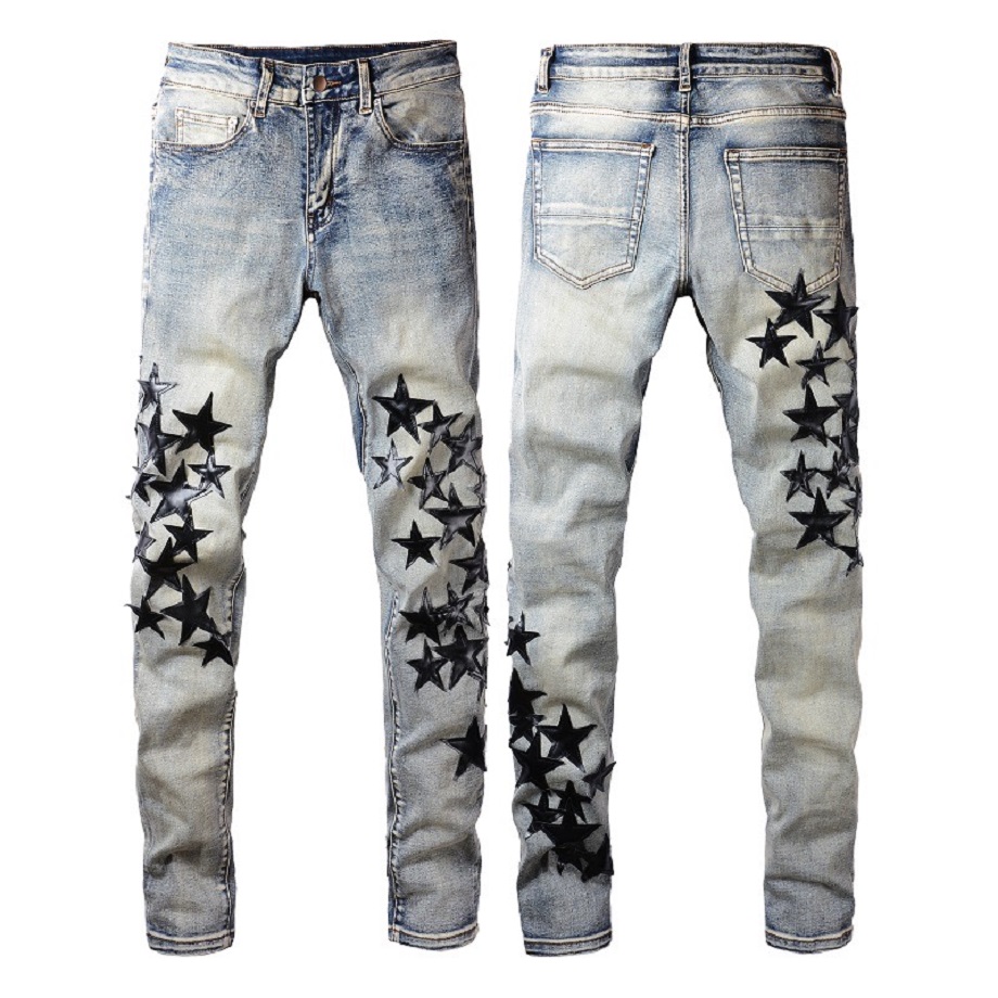 European and American Trend Retro Street Men's Jeans, Star-Patched Leather, Water-Washed Vintage Embroidery, Hip-Hop Rap Drill Pants, Designer Drip Style Long Trousers