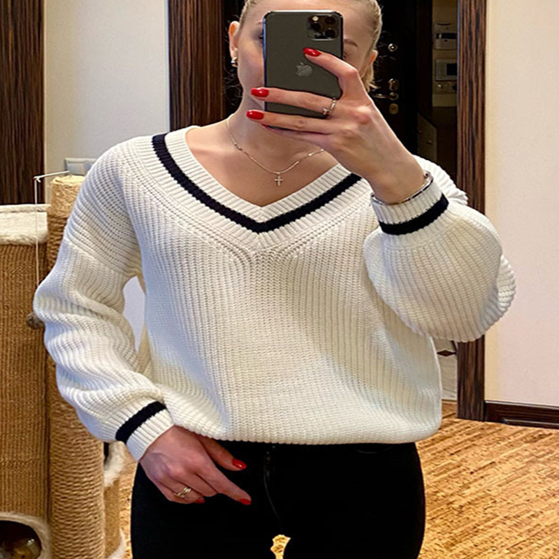 Yeni Kadınlar Sonbahar Kış Örgü Sweater Koreli Gevşek Sokak Giyim Külot Sweatshirts 2024 Şık Uzun Kollu V-Neck Örgü Sweater