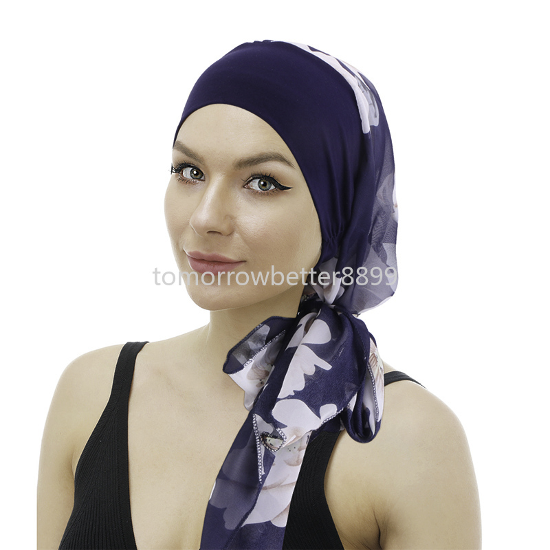 Nieuwe Vrouwen Houtvervanger Katoenen Hoofddoek Chiffon Lint Sjaal En Hoed Mode Gedrukt Wrap Hoofd Streamer Cap Durag Piraat hoed