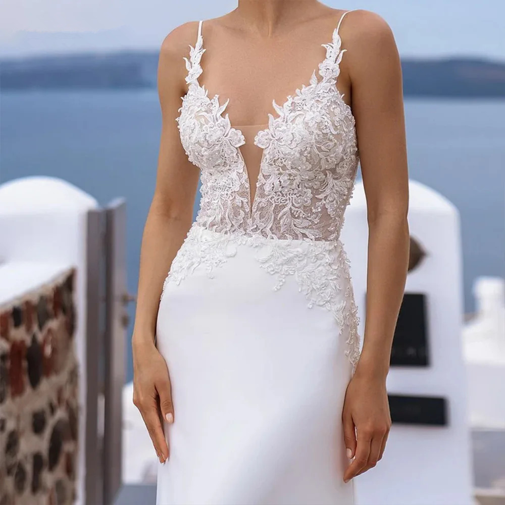 Modern V-Neck Mermaid Wedding Dress Spaghetti Straps Lace Appliques Backless Illusion Bridal Gown Vestidos De Novia YD