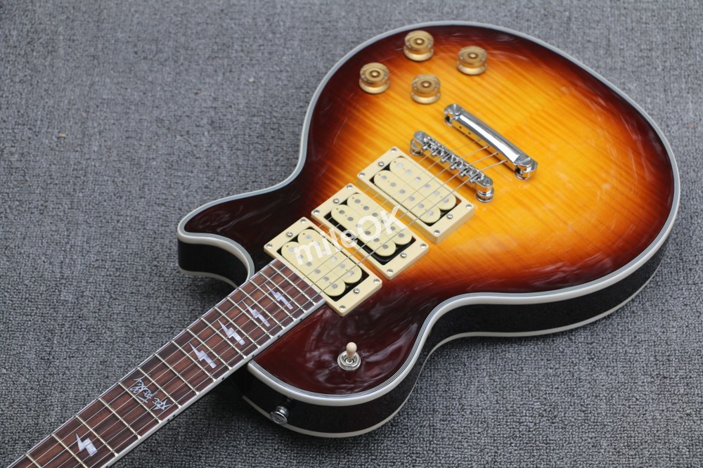 Upgrade Custom Shop Ace Frehley Signatur 3 Pickups Sunburst Tiger Flame E-Gitarre, Lep Guitarra