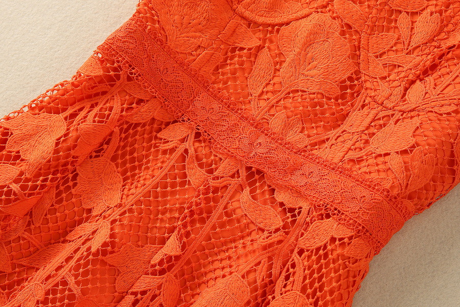 2024 Spring Orange Floral Lace Dress Spaghetti Strap Square Neck Paneled Midi Casual Dresses S4J160110 Plus Size XXL