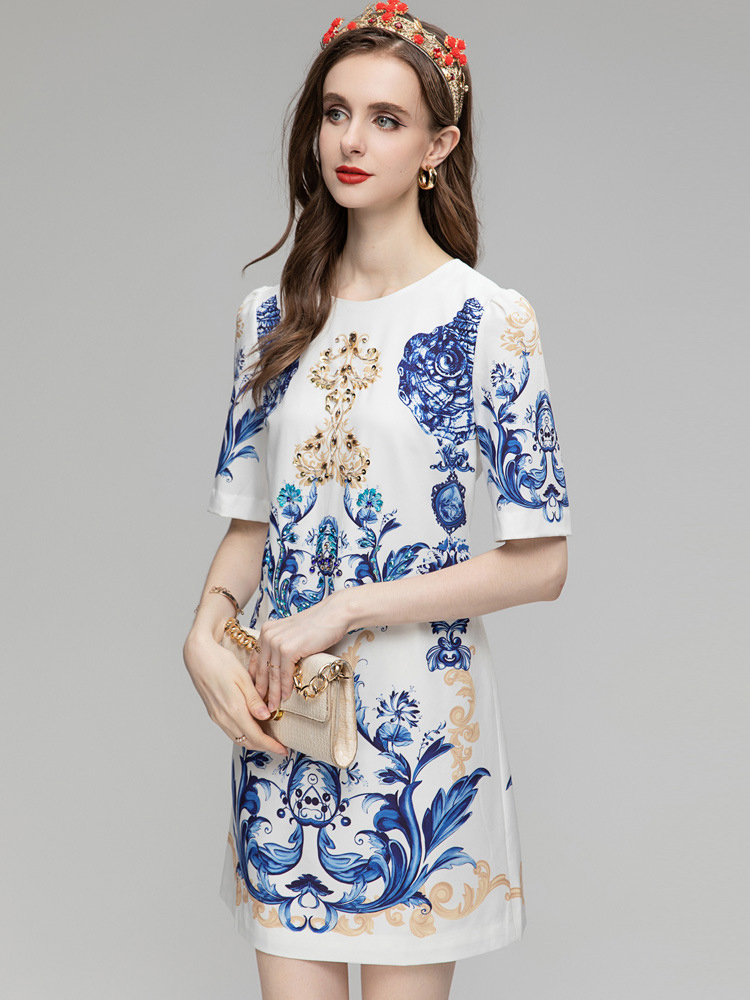 Women's Runway Dresses O Neck Short Sleeves Printed Beadeing Sequined Fashion High Street A Line Mini Vestidos